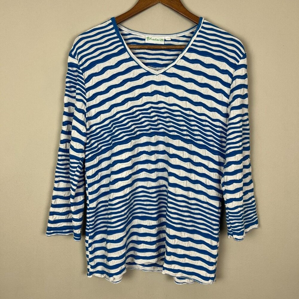 Lulu B Top Womens Large Blue White Stripe Textured Stretch Knit‎ 3/4 Sleeve Hole